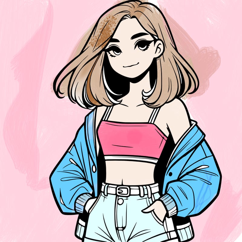 a realistic girl with a crop top and short shorts in an open jacket