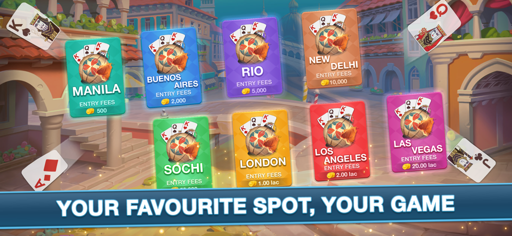 Bluff Card Game - A selection of city themed game rooms including Las Vegas and London with various entry fees in the Bluff Card Game