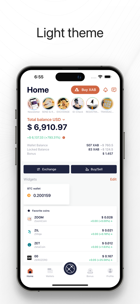 Teroxx - Teroxx Kryptowährungs-App-Dashboard im hellen Modus mit Gesamtguthaben in USD und Preisen der bevorzugten Coins