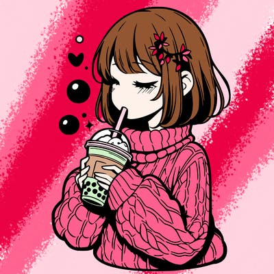 manga girl drinking boba in cozy sweater