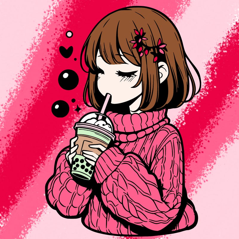 manga girl drinking boba in cozy sweater