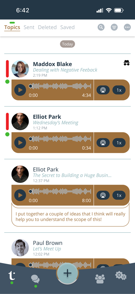 Topics™ - Mobile app interface for Topics showing an inbox of audio messages with play buttons and waveforms