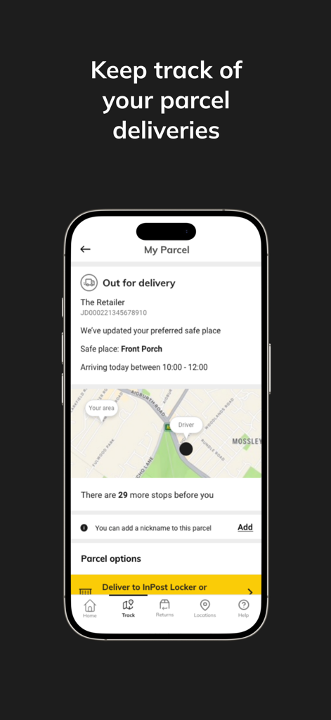 Yodel by InPost - リアルタイムマップで荷物の配送を追跡するYodel by InPostアプリのインターフェース