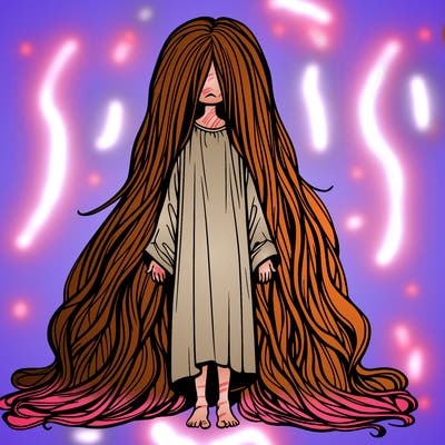 a realistic girl with hair to her toes and an oversized dress and she was poor