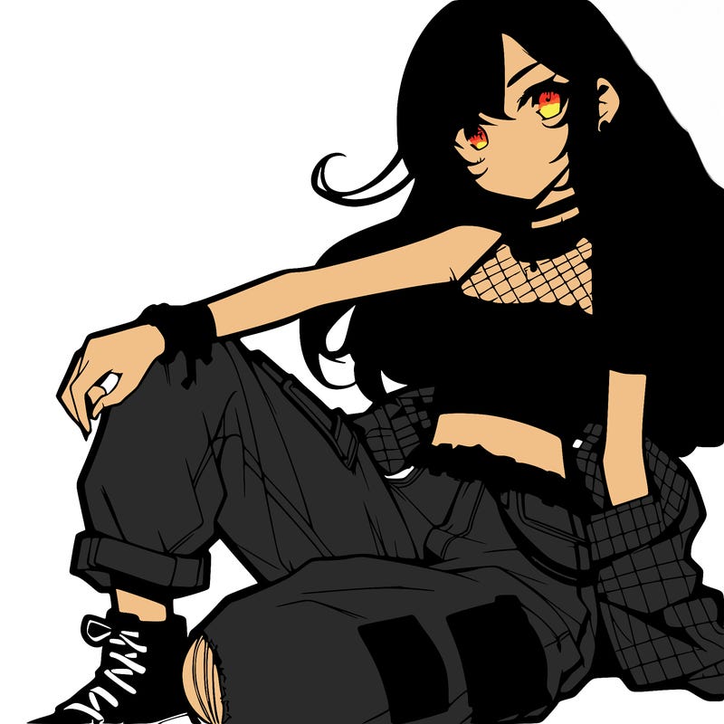 anime girl with a crop top and ripped jeans