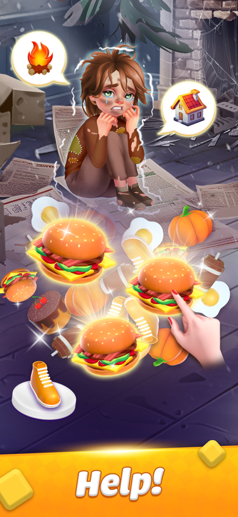 Dream Family: Triple Match 3D - A 3D match game screen showing a shivering character in need of help and a puzzle with burgers and other items