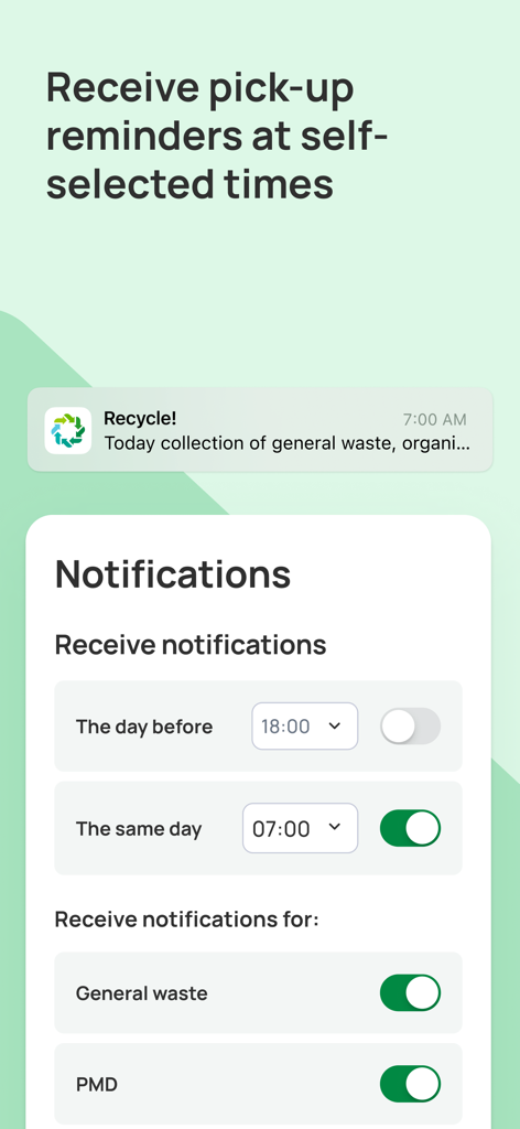 Mobile app screen showing settings for customized waste and recycling collection notifications