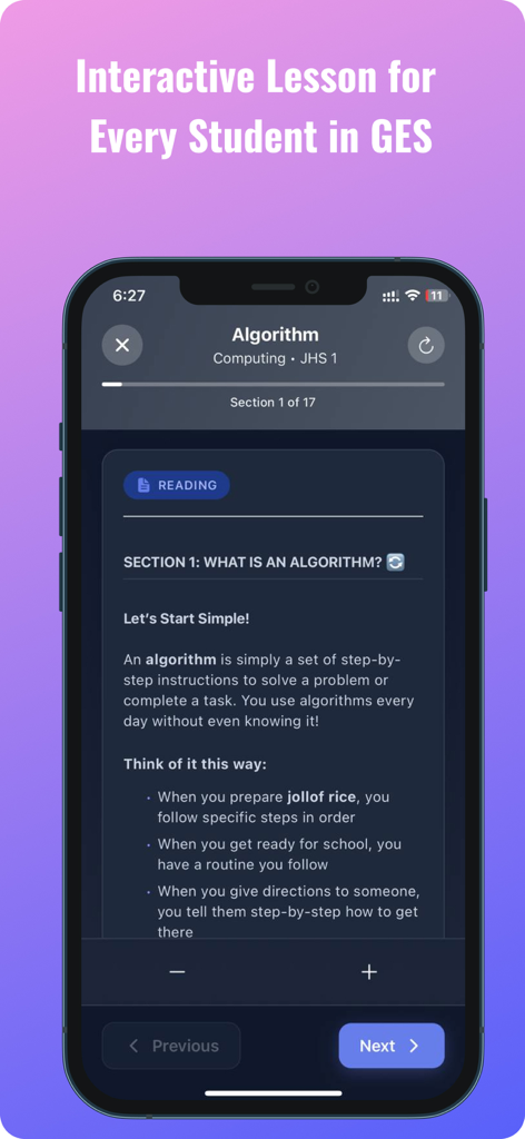 EduMate GH – GES AI Study App - EduMate GH app displaying an interactive lesson about algorithms for Ghanaian students