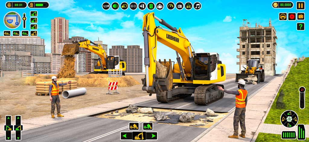 Yellow excavators and construction workers on an urban building site in a 3D simulation game.