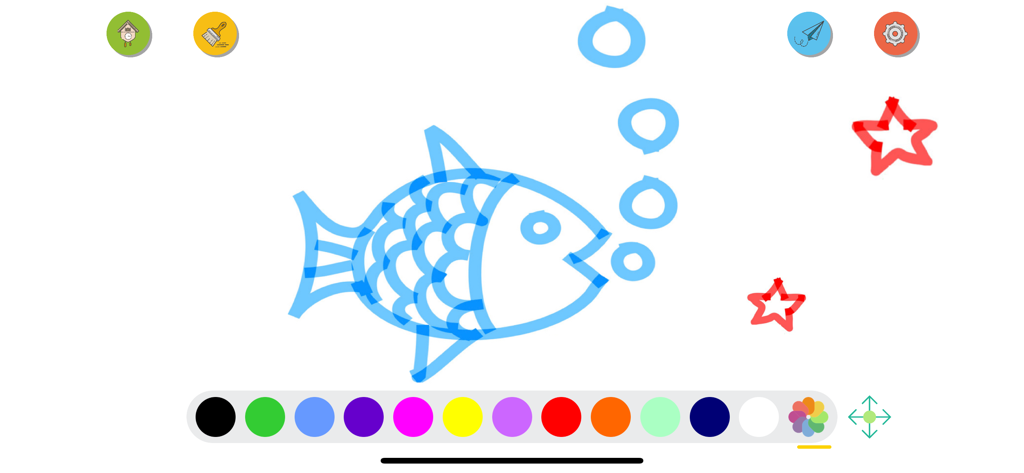 Uno schizzo digitale di un pesce blu e stelle rosse sull'interfaccia di un'app di disegno con una tavolozza di colori vivaci.