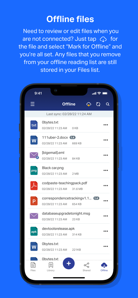 OpenText™ Core Share - Uma captura de tela do aplicativo OpenText Core Share mostrando uma lista de arquivos disponíveis para acesso offline em um iPhone.
