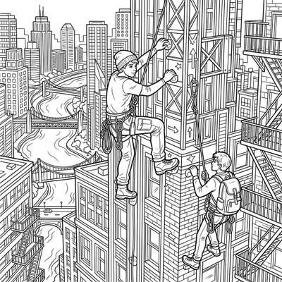 Get ready for an adrenaline-pumping coloring experience with this dynamic scene of teen urban climbers navigating a towering city building. Perfect for young artists who love adventure and detailed cityscapes.