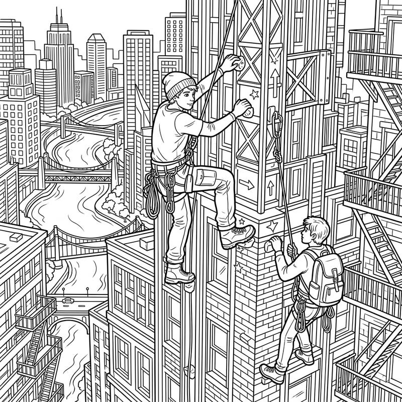 Get ready for an adrenaline-pumping coloring experience with this dynamic scene of teen urban climbers navigating a towering city building. Perfect for young artists who love adventure and detailed cityscapes.