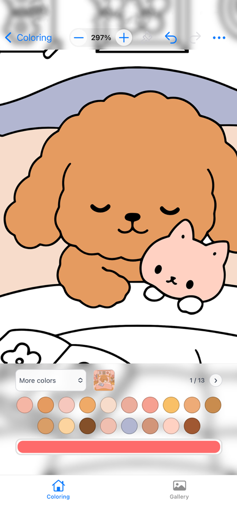 Doodle Goods: Coloring Book - Digital coloring interface of Doodle Goods app featuring a cute hand-drawn dog and cat with a soft pastel color palette