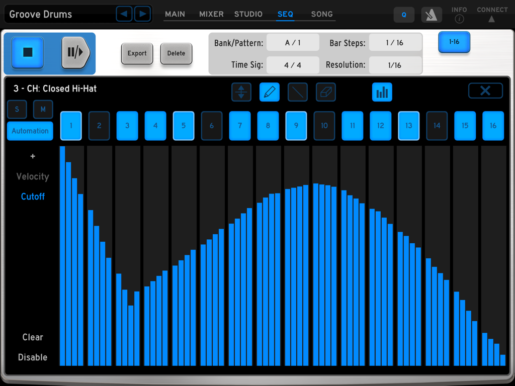 Arturia iSpark - The sequencer screen of the Arturia iSpark app showing a detailed filter cutoff automation curve for a closed hi-hat instrument.
