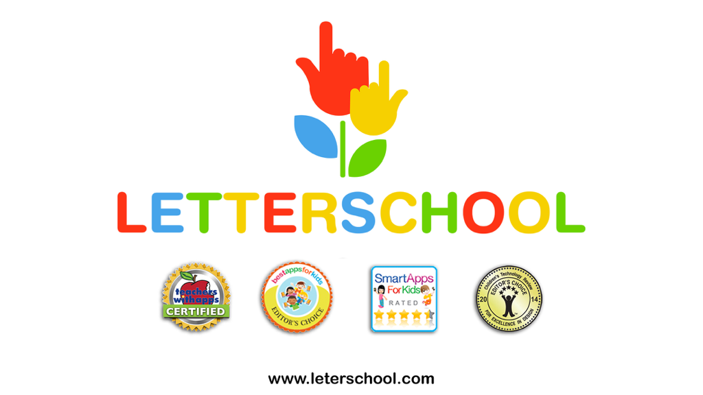 LetterSchool - Teach Spelling - Logotipo de la aplicación LetterSchool con varias insignias y certificaciones de premios educativos
