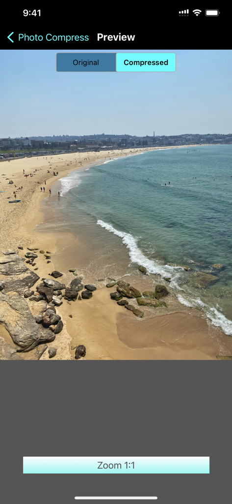 Photo Compress - Shrink Pics - Un écran de prévisualisation dans l'application Photo Compress comparant la qualité de la photo originale et compressée