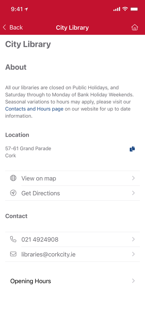 Cork City Libraries - Cork City Library location address contact details and opening hours screen