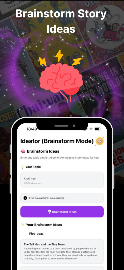 AI Storyteller: Book Creator - AI Storyteller app interface showing Brainstorm Mode generating plot ideas from a text prompt