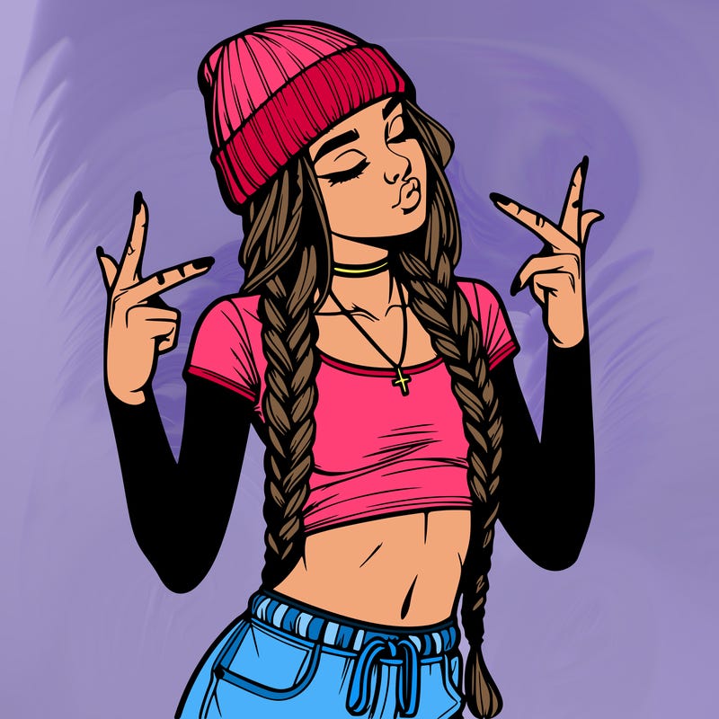 realistic teenage girl with braids and a beanie and crop top doing 🫶🏼