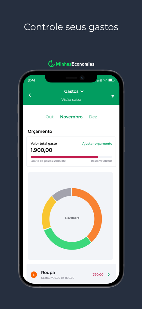 Painel do aplicativo móvel Minhas Economias mostrando despesas mensais e gráficos de acompanhamento de orçamento.