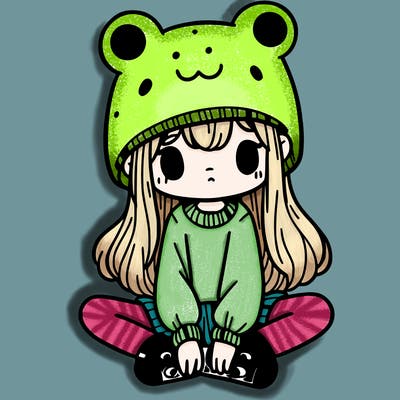 a girl wearing a frog hat and some frog socks