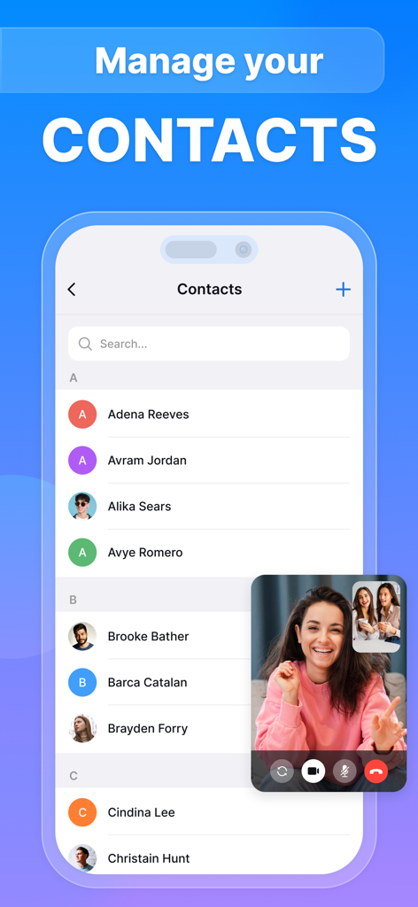 All in one Messenger - Mobile App-Oberfläche, die eine Kontaktliste und ein Videoanruf-Overlay zur Verwaltung von dualen Messaging-Konten zeigt.