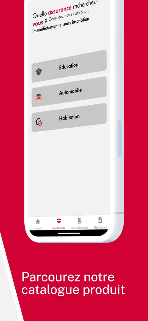 MySUNU Assurances - Interface de l'application MySUNU Assurances affichant les catégories de produits d'assurance, y compris l'éducation, la voiture et l'habitation.