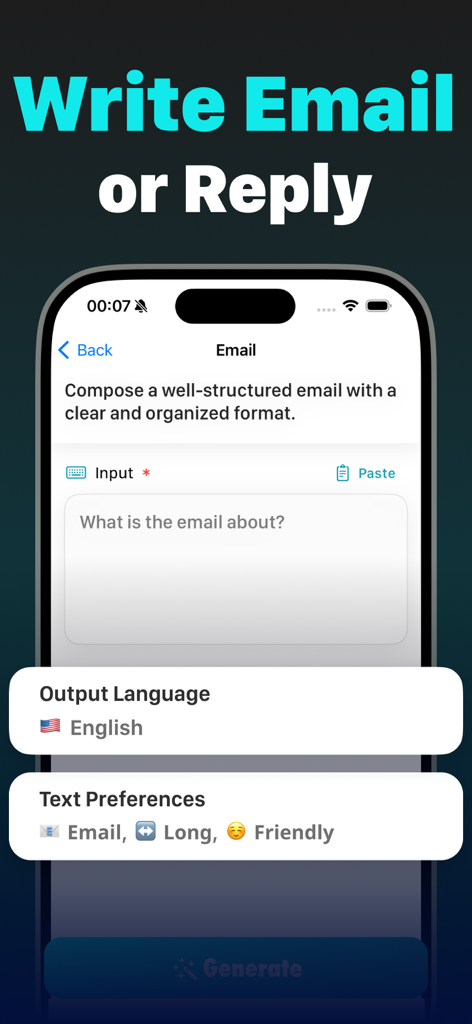 Writify: AI Writing Assistant - Screenshot of Writify AI app showing the email composition interface with custom preferences.