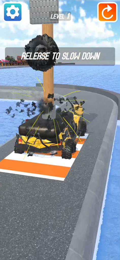 Crash Master 3D - Crash Master 3D gameplay screenshot showing a yellow vehicle being crushed on a track