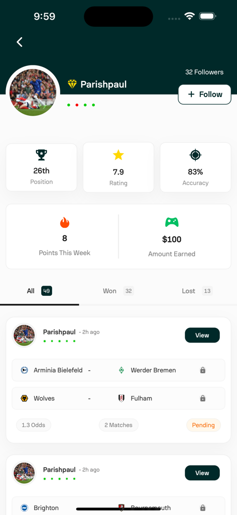 Spotip - Predictions & Scores - Spotip app user profile showing 83 percent prediction accuracy and 100 dollars in earnings.