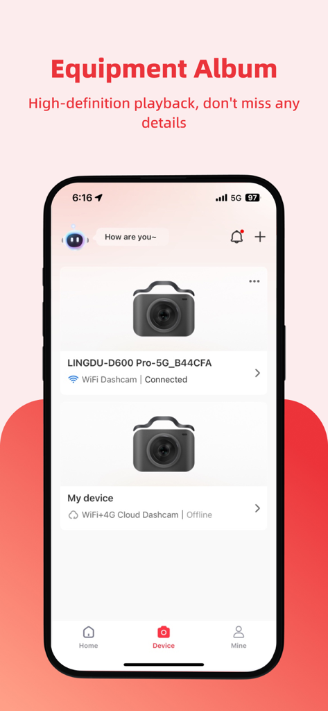 LINGDU - LINGDU mobile app showing connected dash cam devices in the equipment album screen