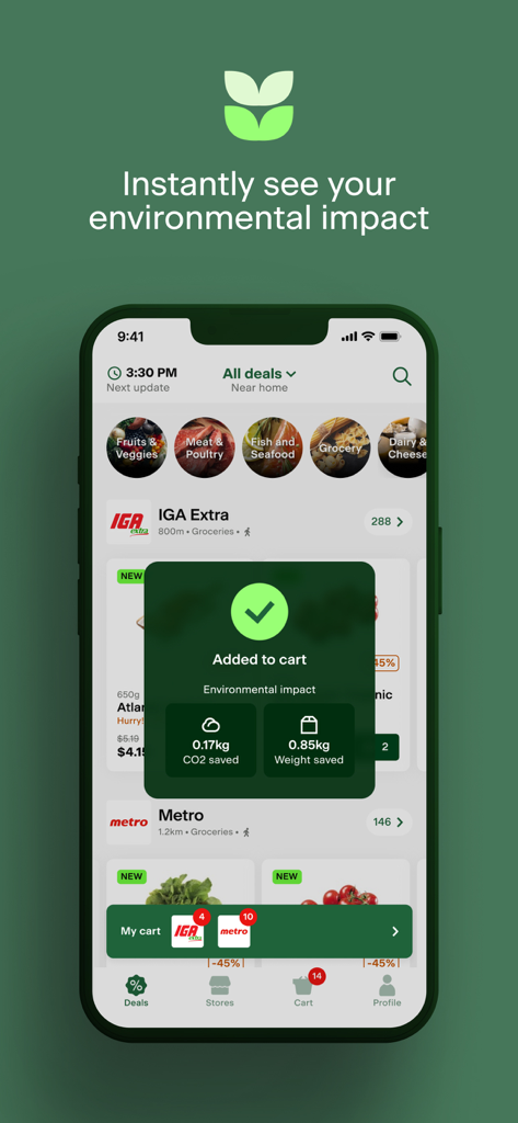 FoodHero app interface showing grocery deals and a popup with environmental impact statistics like CO2 and weight saved.