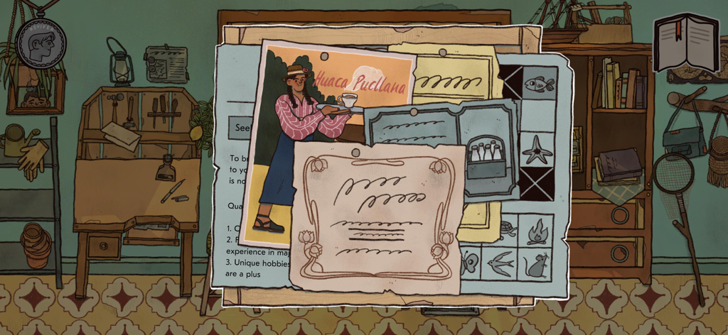 Reviver: Butterfly - Eine Sammlung handgezeichneter Illustrationen und Hinweise, die an einer Holztafel im Spiel Reviver Butterfly angeheftet sind