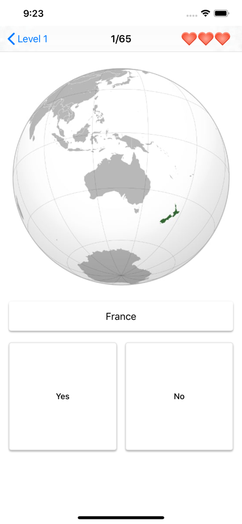 Flags of the world - Quiz - Geography quiz game screen showing a country highlighted on a globe map with a yes or no question
