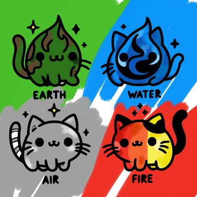 4 cats that represent the different elements, earth, water, air, and fire