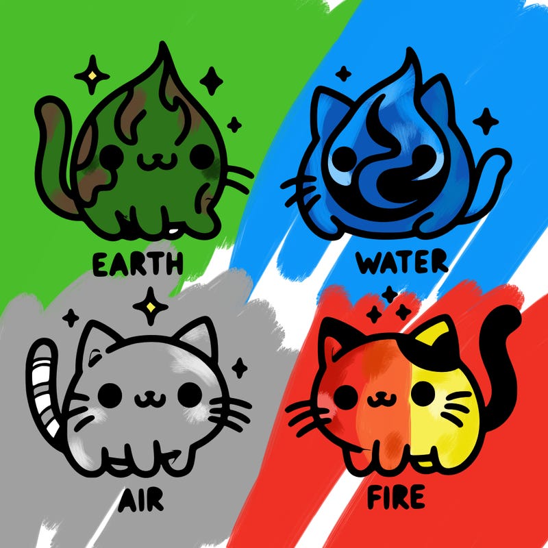 4 cats that represent the different elements, earth, water, air, and fire