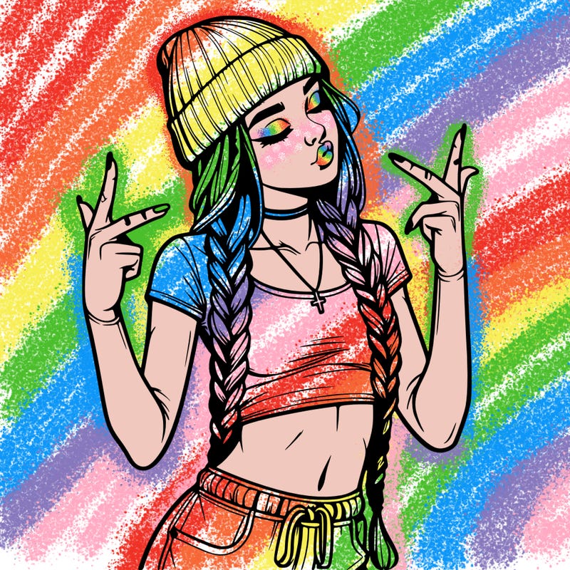 realistic teenage girl with braids and a beanie and crop top doing 🫶🏼