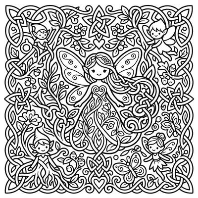 Explore a whimsical forest where cute Kawaii fairies dance amidst ancient Celtic knotwork. This enchanting coloring page blends mythical charm with adorable characters for a delightful artistic escape.