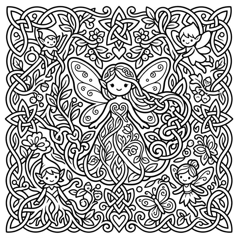 Explore a whimsical forest where cute Kawaii fairies dance amidst ancient Celtic knotwork. This enchanting coloring page blends mythical charm with adorable characters for a delightful artistic escape.