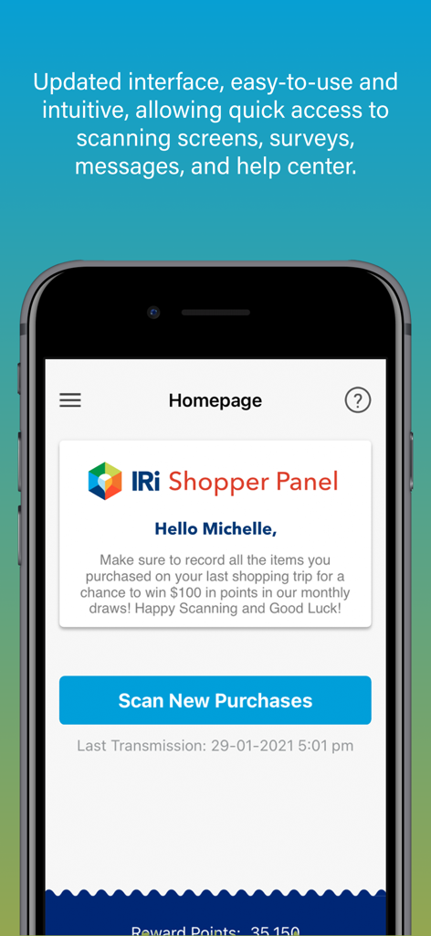 Scan n Go app homepage showing the IRI Shopper Panel dashboard and scan new purchases button