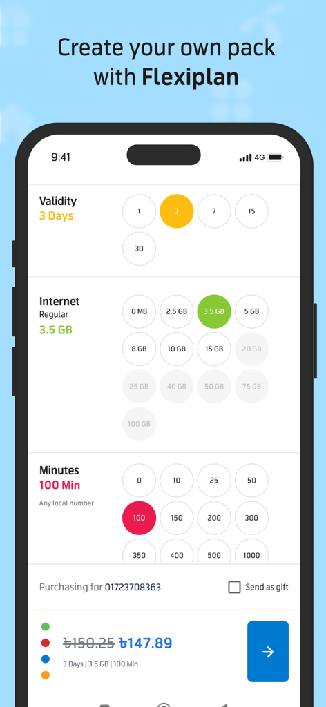 Interface of the MyGP app Flexiplan feature allowing users to customize mobile data validity and minutes