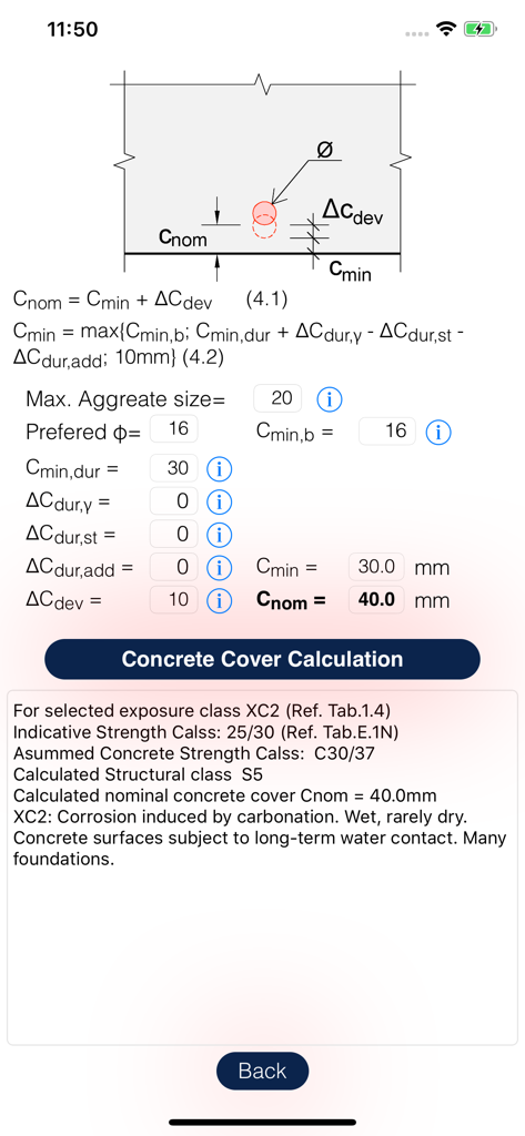 Interfaz para calcular el recubrimiento nominal de hormigón según las normas del Eurocódigo 2 en la aplicación RCSection.