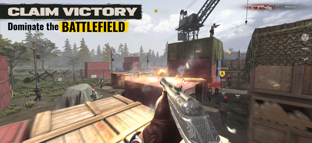 World War Legion: WW2 FPS PvP - A first person shooter perspective in World War Legion showing a soldier on a WW2 battlefield with the text Claim Victory Dominate the Battlefield