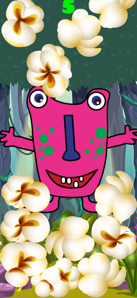 Toddler Monster Pop - Un monstruo amigable rosado rodeado de palomitas de maíz en un fondo de jungla.