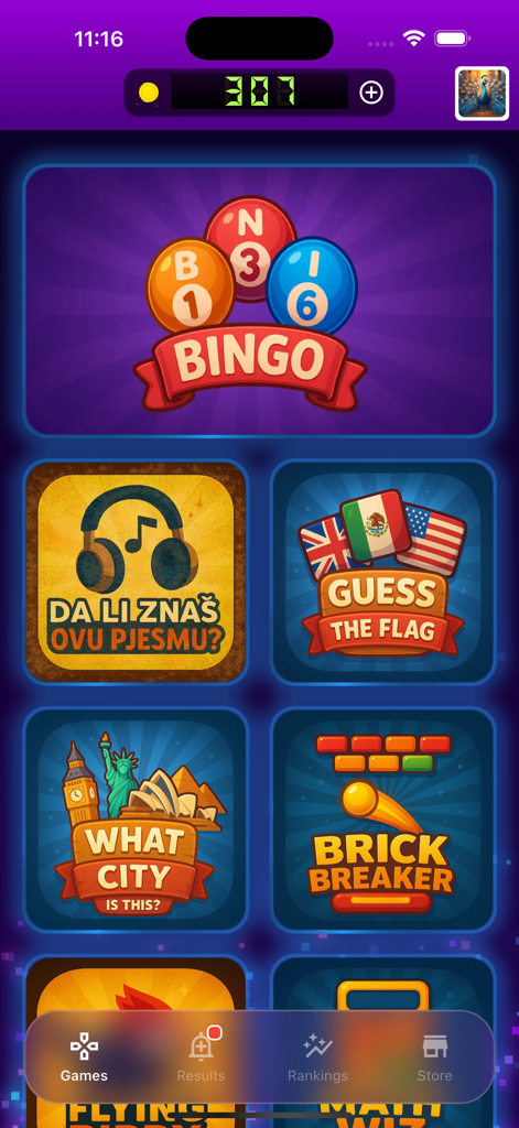 Atomia Games: Multiplayer Fun - Atomia Games app interface showing a variety of multiplayer games including Bingo, Guess the Flag, and Brick Breaker