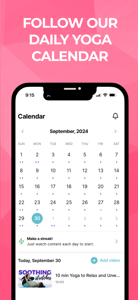 SarahBethYoga - Screenshot of the SarahBethYoga app showing the monthly yoga calendar and a daily stretch routine.