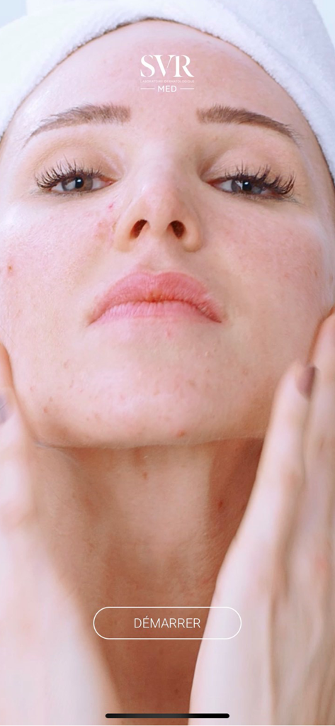 SVR Med app welcome screen featuring a close up of skin texture and a start button