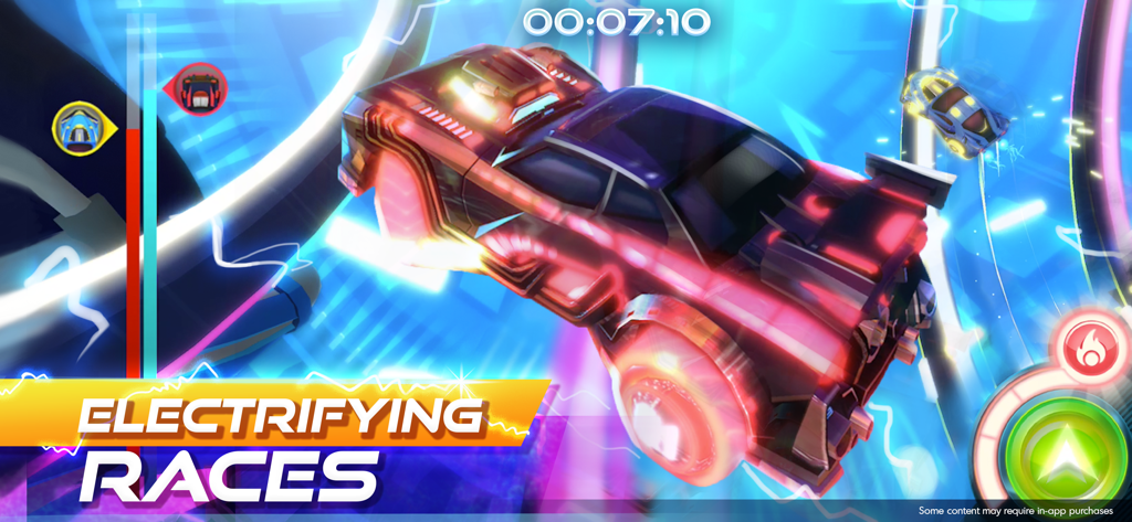 A neon glowing car racing on a futuristic light powered track in the Race Craft app