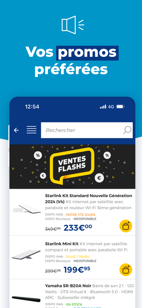 LDLC - Achat high-tech - Interface de l'application mobile LDLC montrant des ventes flash et des produits high-tech en promotion, y compris des kits Starlink et une barre de son Yamaha.